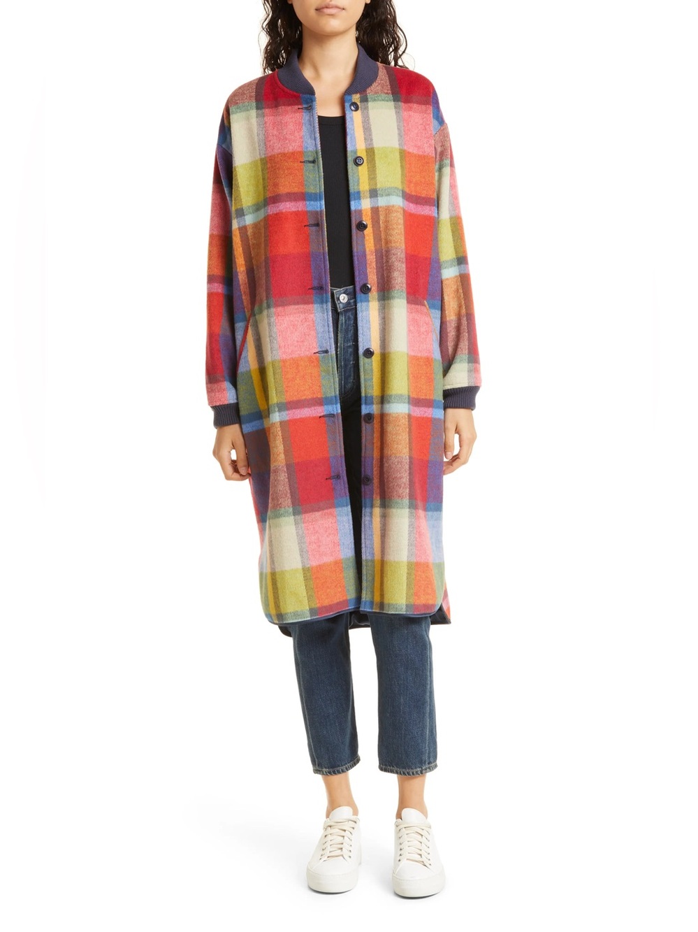 THE GREAT The Long Bomber Plaid Single-Breasted Jacket